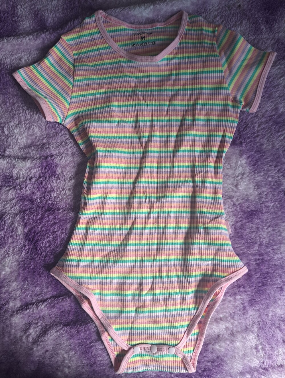 Pastel Rainbow Stripe Ribbed Bodysuit with Pink Trim NEVER WORN Medium